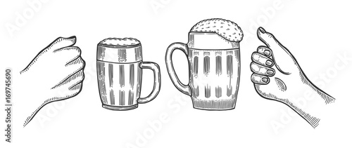 Fototapeta Naklejka Na Ścianę i Meble -  Hands holding and clinking with beer glasses mug in graphic style vector illustration