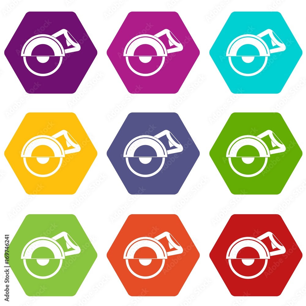 Cut off machine icon set color hexahedron Cut off machine icon set color hexahedron