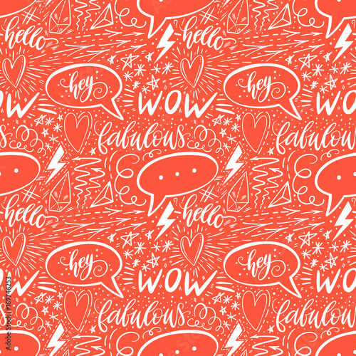 Calligraphy hand lettering seamless pattern. Positive signs, star, heart, speech bubbles, geometric forms. Perfect for print, textile, t-shirts, phone cases. Modern surface design. Vector illustration