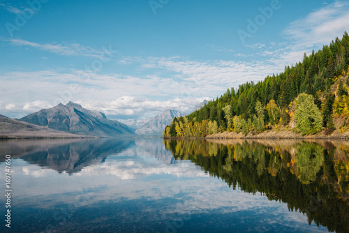 Photography Montana Lake with reflection of forest and mountains - Landscape