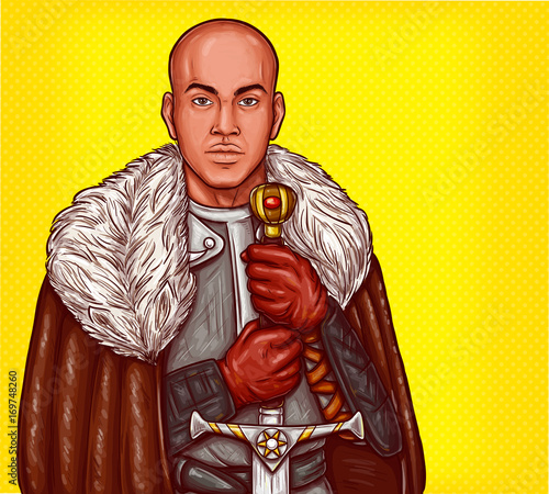 Фотография Vector pop art illustration of a medieval knight in steel armor and winter fur cloak with an iron sword in his hands