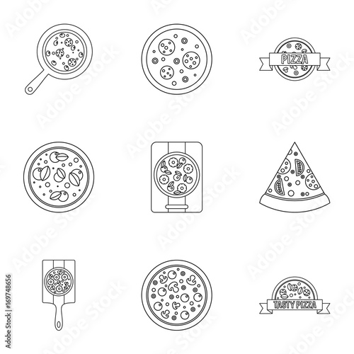 Mushroom pizza icons set, outline style