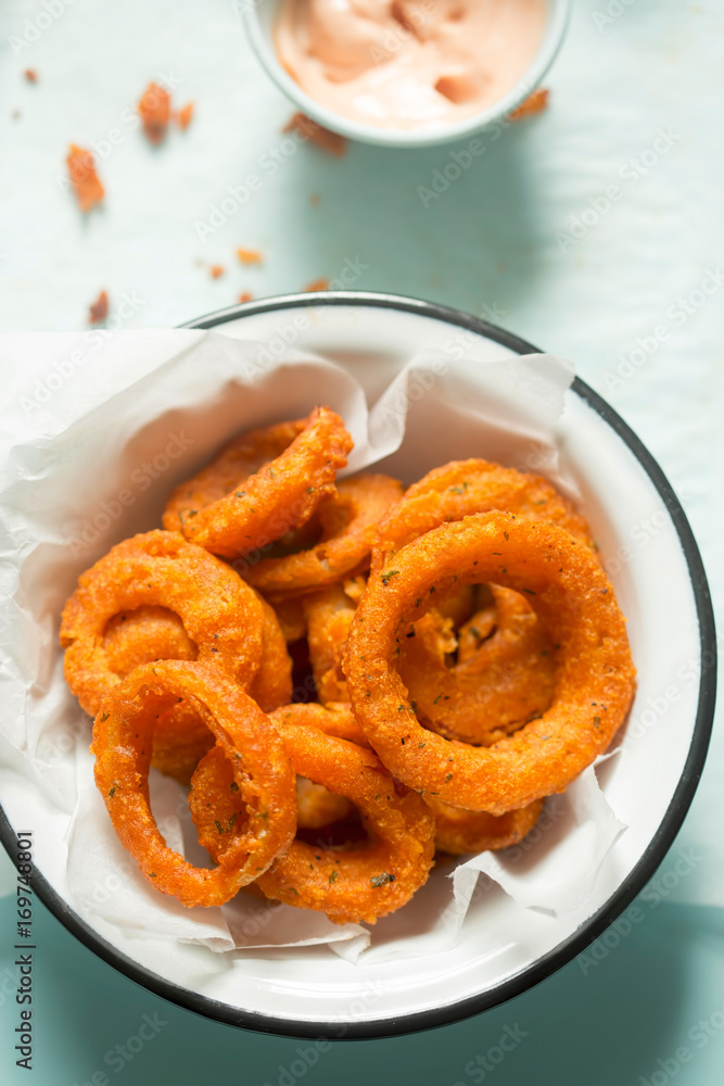 Onion spicy rings with mayo ketchup dip Onion spicy rings with mayo ketchup dip