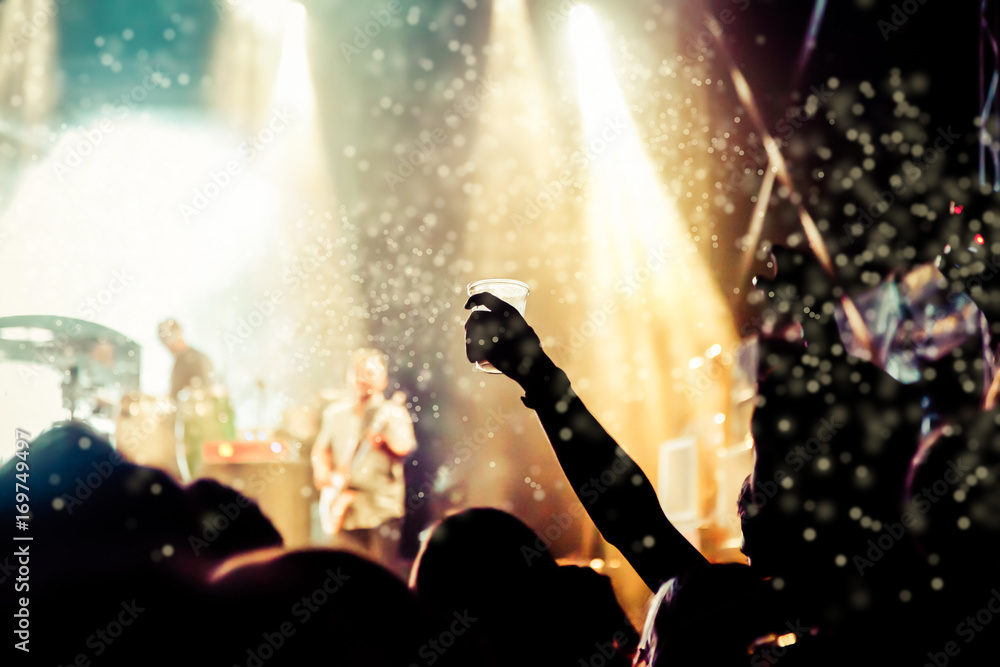 Fototapeta premium crowd with raised hands at concert - summer music festival