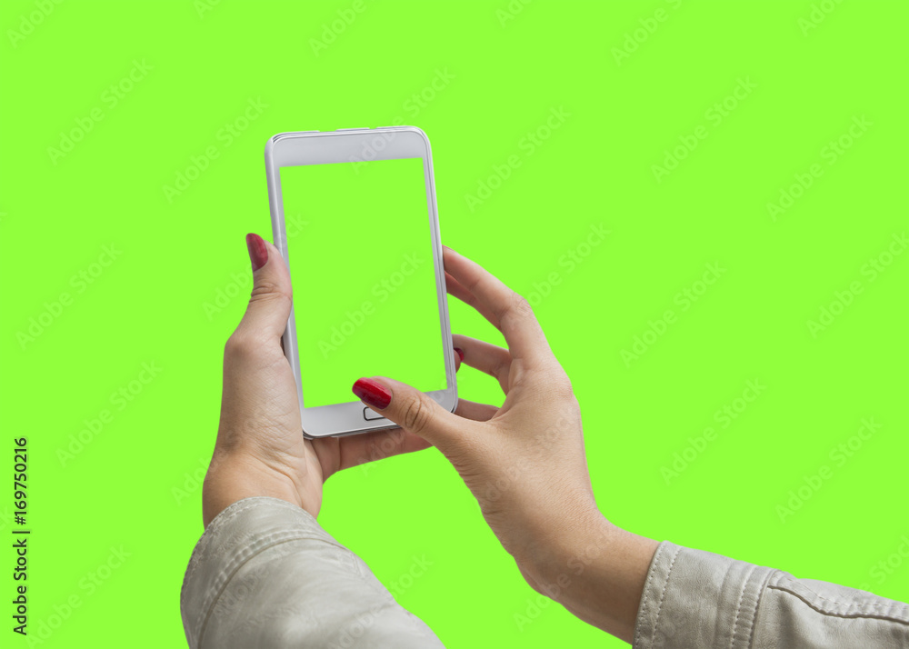 Young girl hand holding mobile smart phone on green screen Stock Photo ...