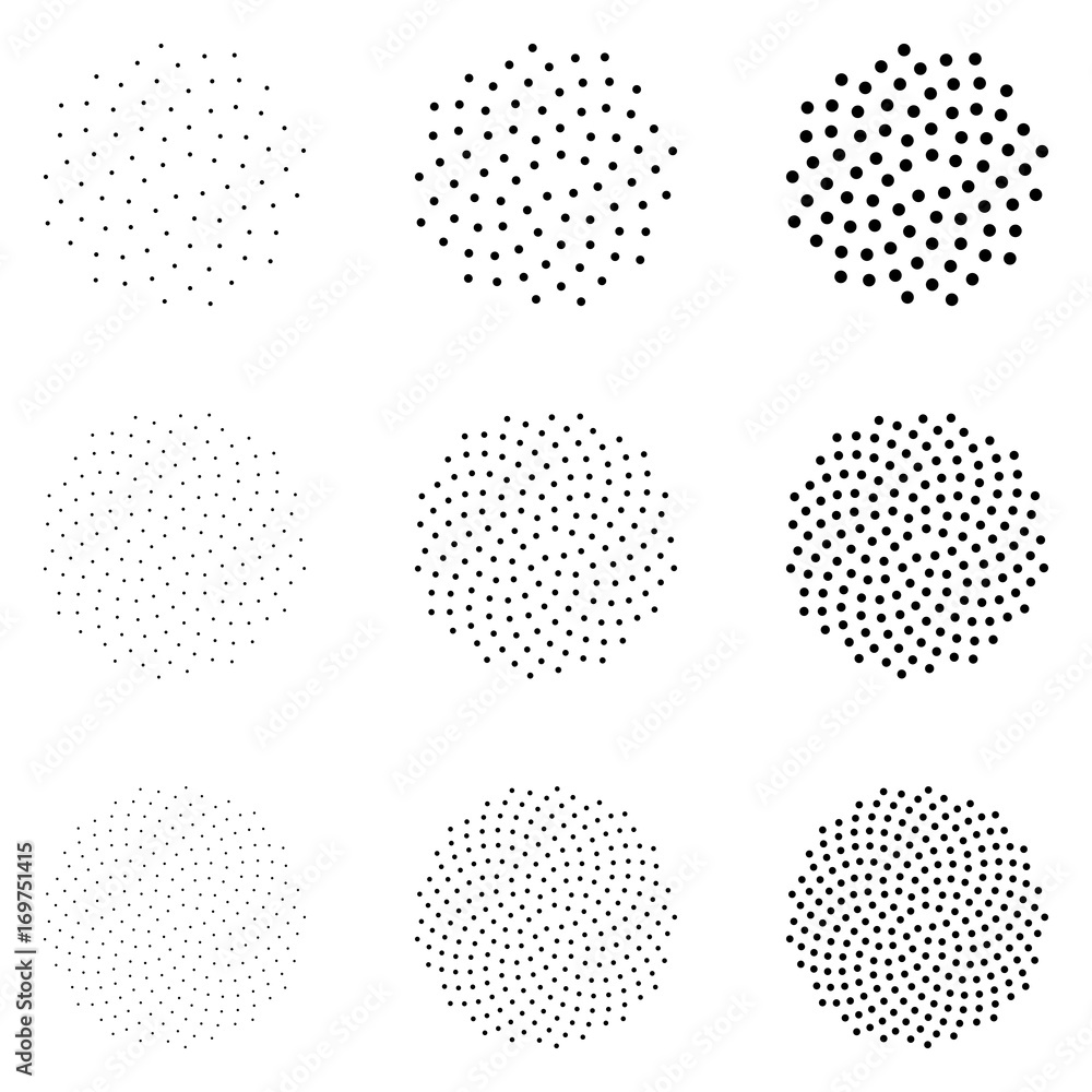 Halftone dotted circles isolated on the white background. Halftone effect vector pattern. Randomly distributed dots for your design.