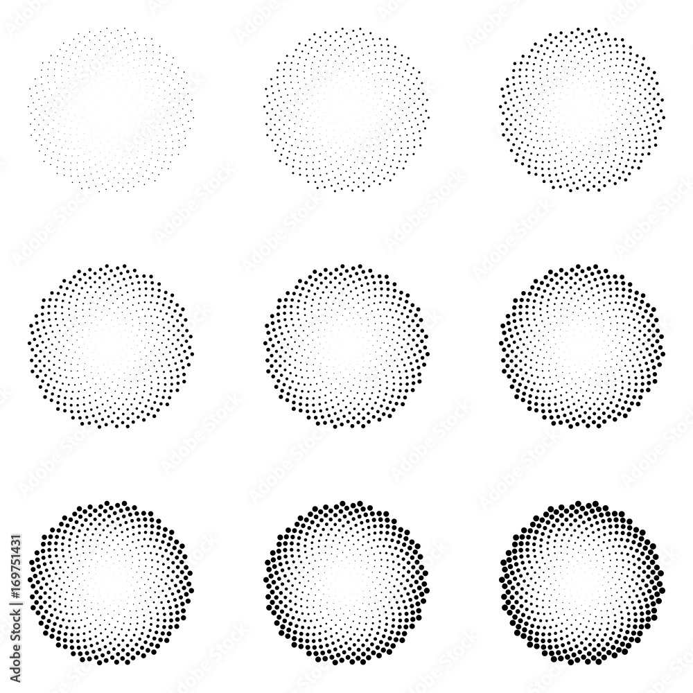 Halftone dotted circles isolated on the white background. Halftone effect vector pattern. Randomly distributed dots for your design.