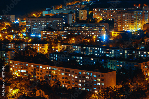 Panorama of the night buildings city of Gelendzhik, Close-Up 