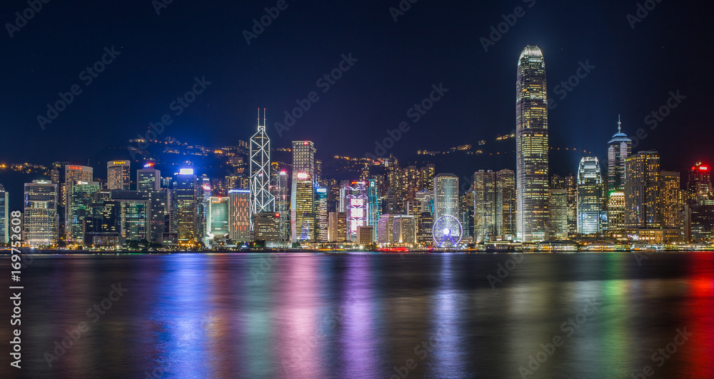 Hong Kong Island aerial view at night.