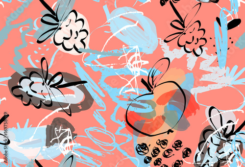 Doodles with grunge texture rough drawn apple and raspberries