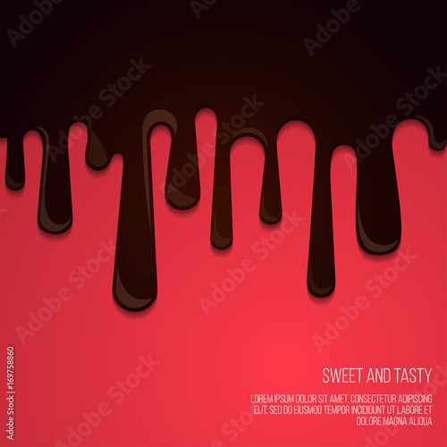 Melted chocolate Vector template Dark melted chocolate is dripping on red background Illustration in cartoon style with space for text