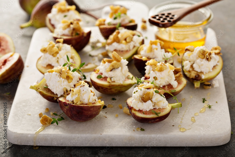 Fall appetizer with figs, feta cheese and walnuts