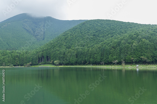 Lake and mountain view in Yamanashi Prefecture, Japan .