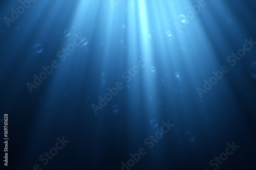 Underwater scene with air bubbles floating up and sun shining through the water 3d illustration