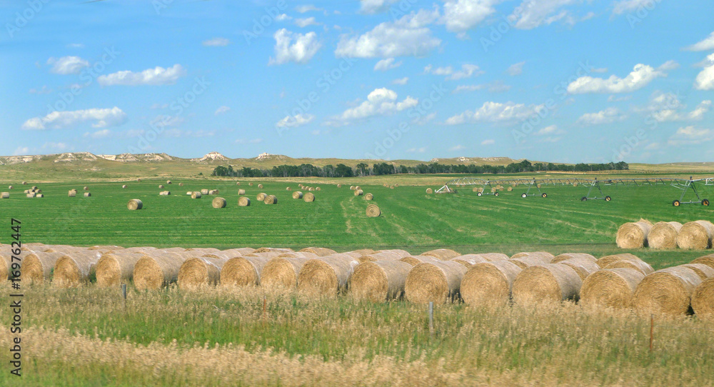 Hay bales and prairie in southern South Dakota with ideal blue sky and white puffy clouds