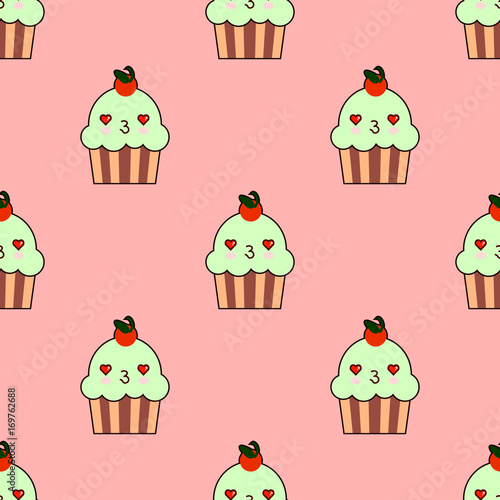 Cute cupcake seamless pattern with kawaii faces. Smiley cup cakes with charry topping. Flat design Vector Illustration