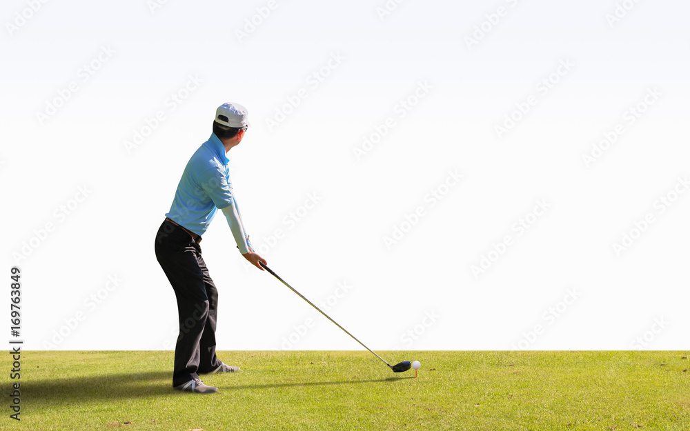 Fototapeta premium Asian golfer hit a golf ball by golf-club ( tee off ball by driver (1-wood) isolated