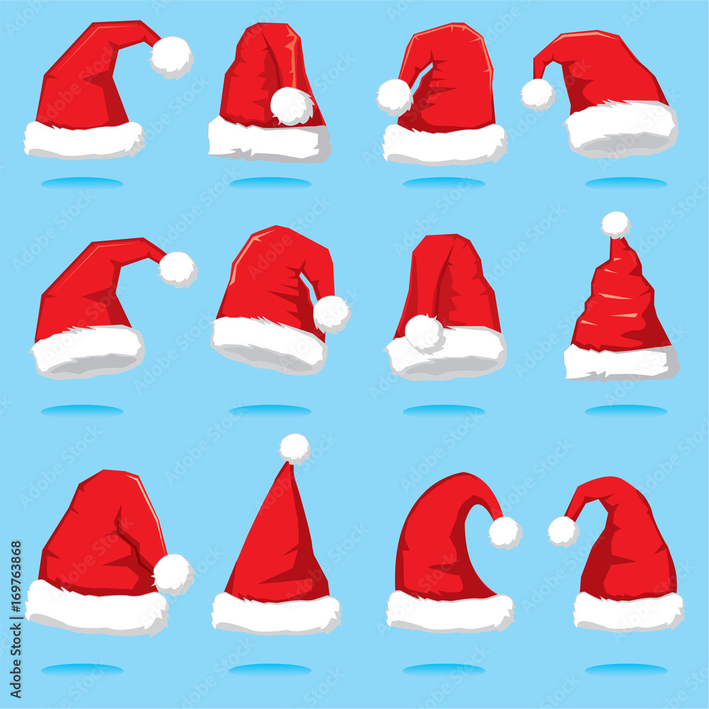 Big set of Santa hats. Santa Claus red hat silhouette. Santa hat vector illustration Big set of Santa hats. Santa Claus red hat silhouette. Santa hat vector illustration