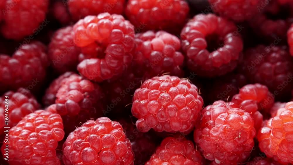 Fresh raspberry fruits as food background. Healthy food organic nutrition. View from above. Dolly slider shot 4K ProRes HQ codec Fresh raspberry fruits as food background. Healthy food organic nutrition. View from above. Dolly slider shot 4K ProRes HQ codec