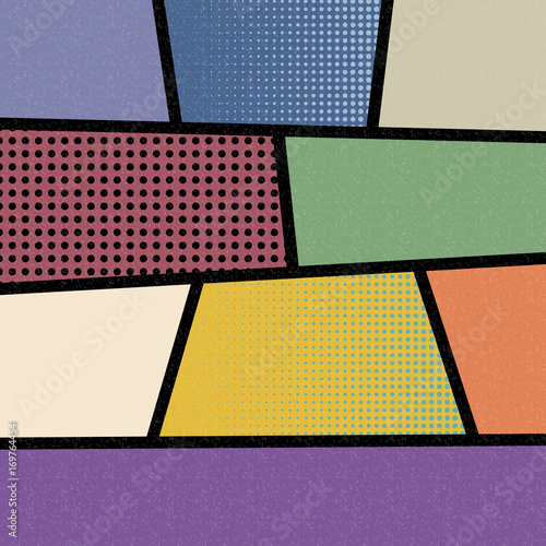 Pop art comics book magazine cover template. Cartoon funny vintage strip mock up. Vector halftone illustration. Blank rectangle for comic superhero text, speech bubble, message. Humor graphic.