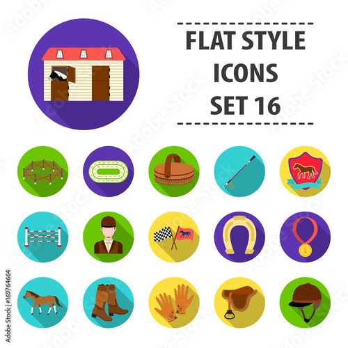 Hippodrome and horse set icons in flat style. Big collection of hippodrome and horse vector symbol stock illustration