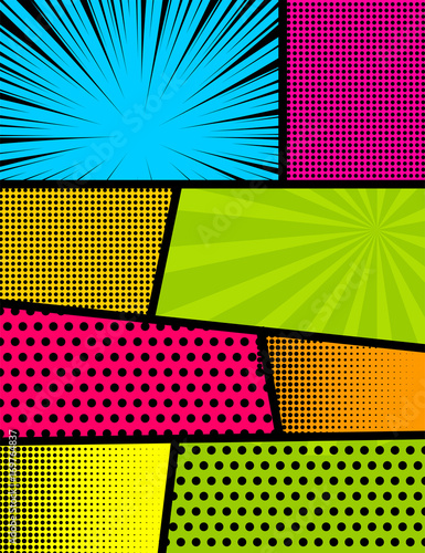 Blank rectangle for comic superhero text, speech bubble, message. Humor graphic. Pop art comics book magazine cover template. Cartoon funny vintage strip mock up. Vector halftone illustration.