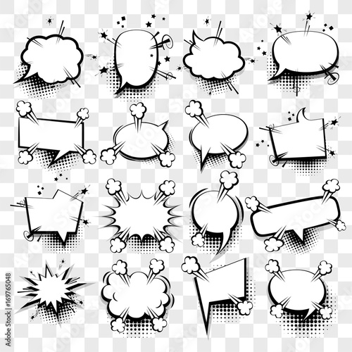 Creative idea conversation sketch explosion. 16 Big set picture blank template pop art style comic text speech bubble halftone dot background. Comics book dialog empty cloud, space cartoon box pop-art