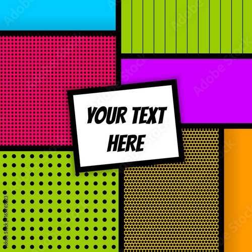 Vector geometric halftone illustration. Blank rectangle Lichtenstein, comic advertise text, speech bubble. Pop art comics book magazine cover template. Cartoon funny vintage strip mock up.