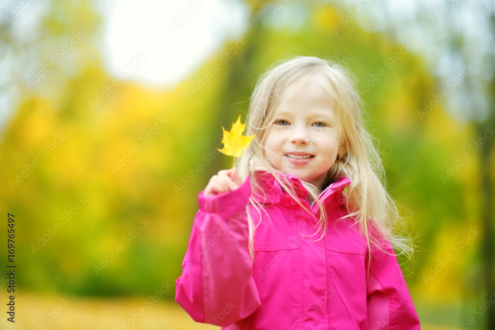 Cute little girl having fun on beautiful autumn day. Happy child playing in autumn park. Kid gathering yellow fall foliage. Cute little girl having fun on beautiful autumn day. Happy child playing in autumn park. Kid gathering yellow fall foliage.
