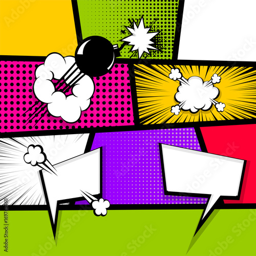 Pop art comics book magazine cover template. Cartoon funny vintage strip comic superhero text, speech bubble, balloon, box message, burst bomb. Vector halftone illustration. Blank humor graphic.