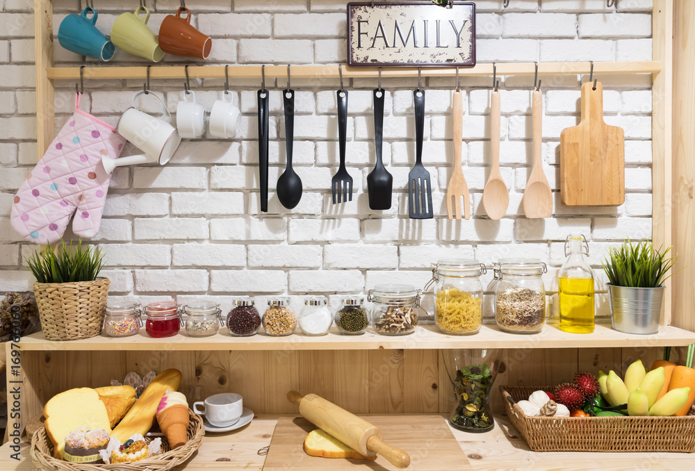 Stylish kitchen counter with set of houseware Stock Photo