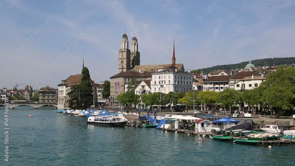 Historical part of Zurich with famous Fraumunster and Grossmunster churches in a beautiful summer day, Switzerland