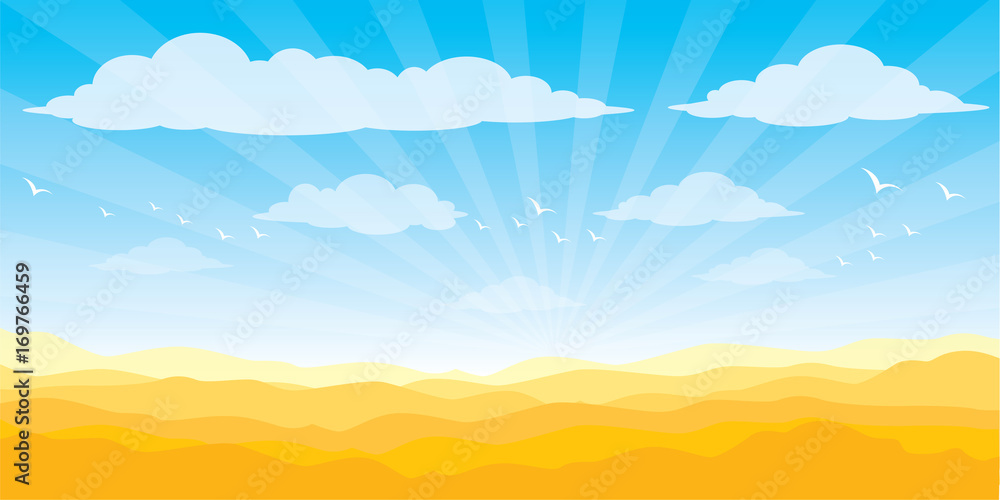 Desert sun, sky, birds, hot air. Sand in nature illustration Desert sun, sky, birds, hot air. Sand in nature illustration
