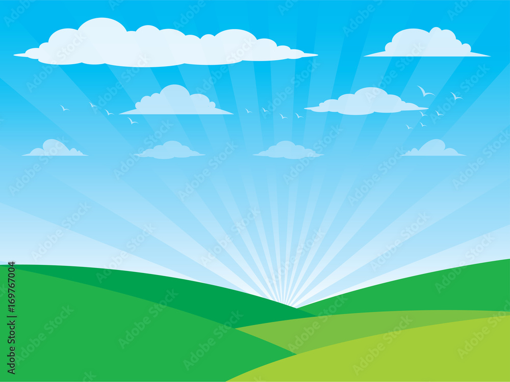 Fototapeta premium Vector Farm Landscape with Trees ,Clouds, birds, sky, Vector illustration