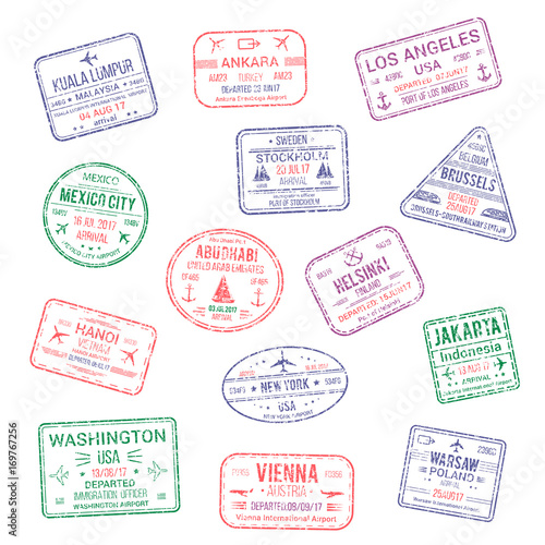 Vector icons of city passport stamps world travel