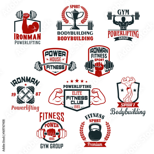 Bodybuilding gym or powerlifting club vector icons