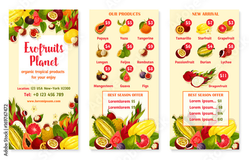 Vector price menu for exotic fresh tropical fruits