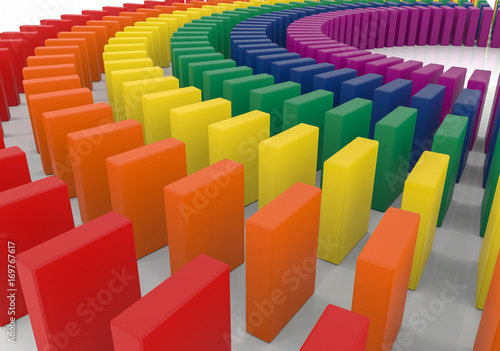 3d rendering. colorful dominos stand on the white floor