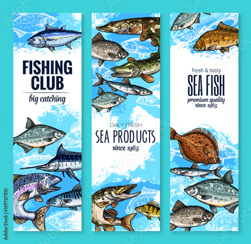 Vector banners set of fish catch for fishing club