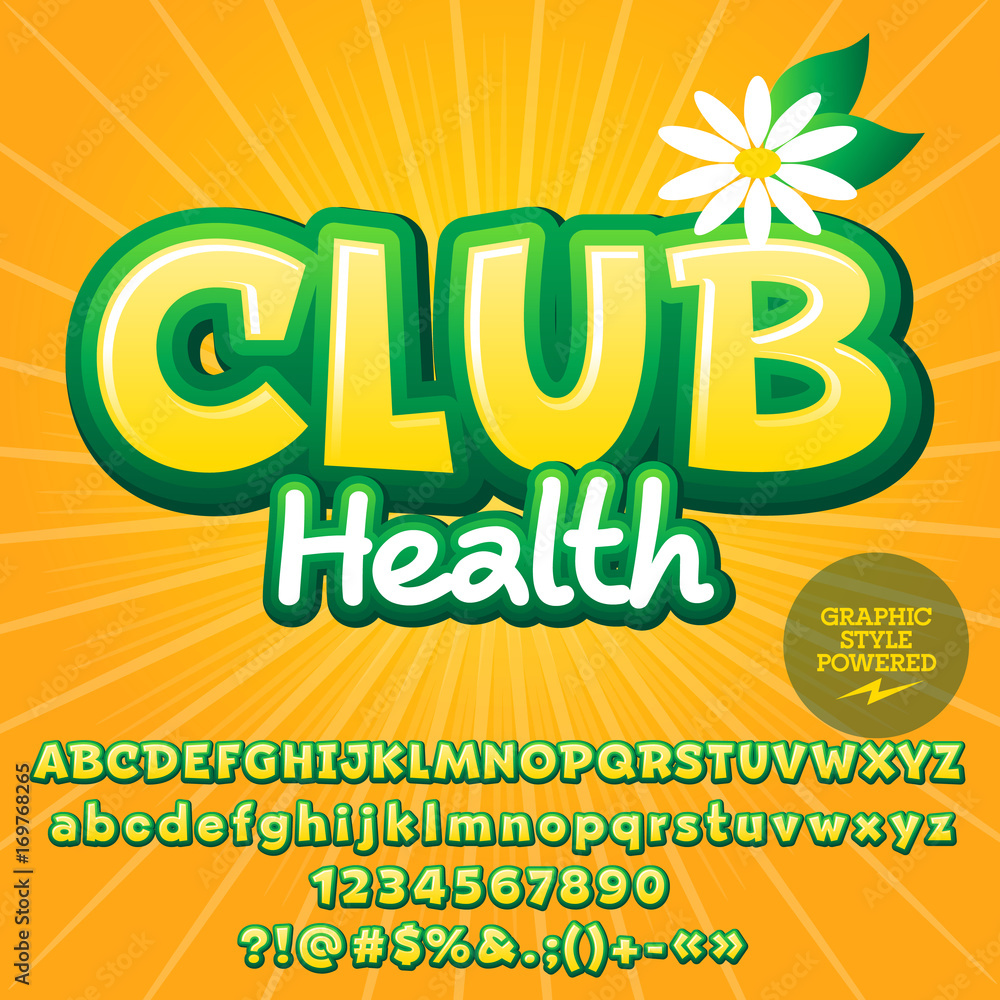Trendy vector alphabet set. Font with text Club Health. Contains graphic style.