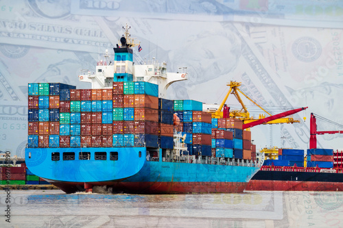 Wallpaper Mural Container cargo ship depart from shipping port. Dollar money cash background. Logistics industrial and import export transportation business background Torontodigital.ca