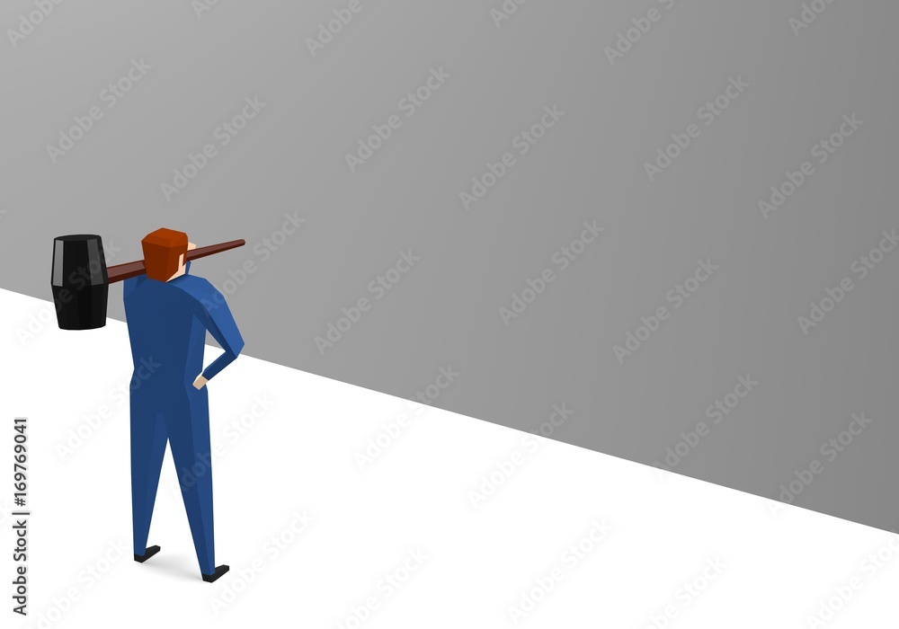Businessman standing near wall with a hammer