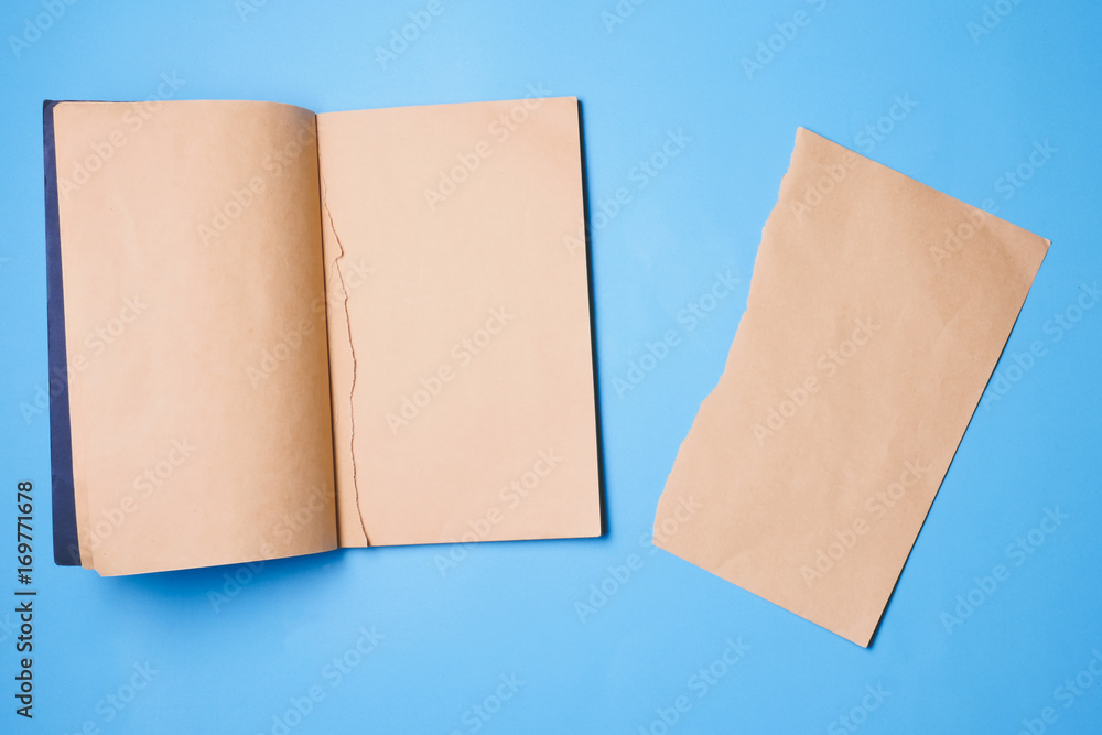 Fototapeta premium Blank notebook with a piece of note paper on blue background.