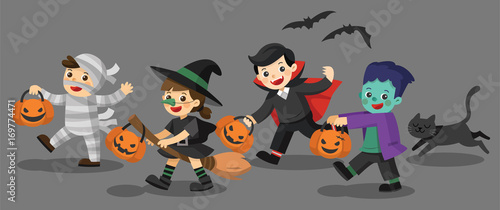 Set of Happy Halloween. Funny children in colorful costumes and a cat. zombie, mummy, witch, Dracula.