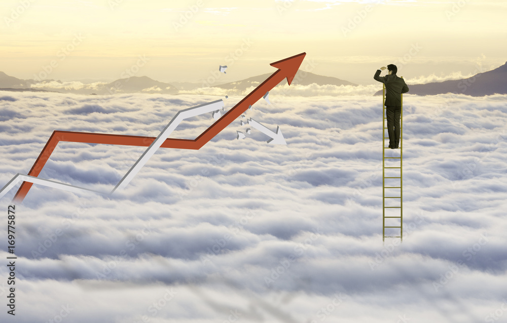 Fototapeta premium Businessman climb ladder to reach sky and cloud with increasing graph and broken fail graph