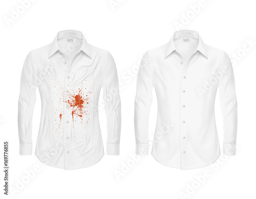 Set of vector illustrations of a white shirt with a red stain from ketchup, blood and clean ,wrinkled and ironed shirts before and after a dry cleaning isolated on a white background.