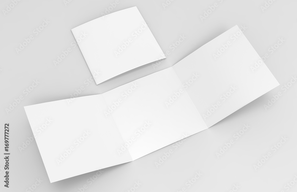 Blank white empty square tri fold catalogs brochure flyer, with clipping path, changeable background for mock up and template design. 3d render illustration. Blank white empty square tri fold catalogs brochure flyer, with clipping path, changeable background for mock up and template design. 3d render illustration.