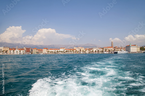 Sea waves and Split Old Town, Croatia