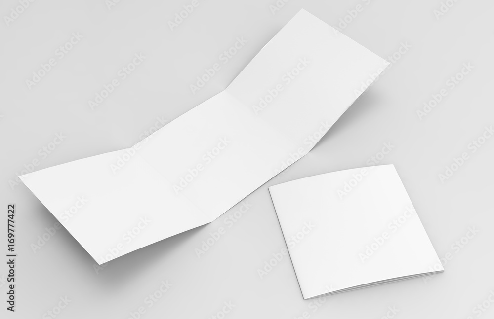 Blank white empty square tri fold catalogs brochure flyer, with clipping path, changeable background for mock up and template design. 3d render illustration. Blank white empty square tri fold catalogs brochure flyer, with clipping path, changeable background for mock up and template design. 3d render illustration.
