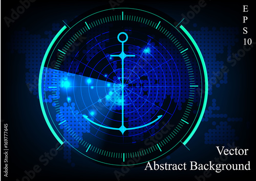 Blue radar screen.Technology background.Radar display with scanning and anchor with map background.( finding treasure concept)
